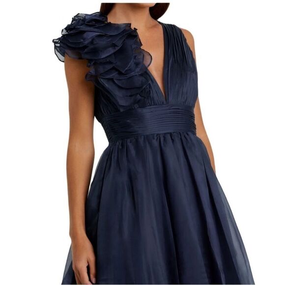 Mac Duggal 49494 Blue Sleeveless Chiffon A-Line Tea Length Cocktail Dress  Sz 6 - Picture 4 of 5